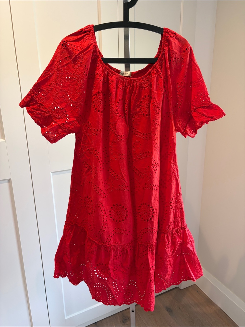 Bright Red Eyelet Dress with Puff Sleeves